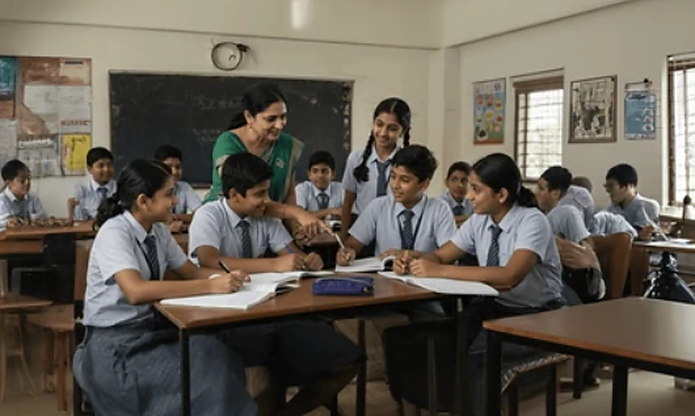 Teacher guiding students in a classroom learning session