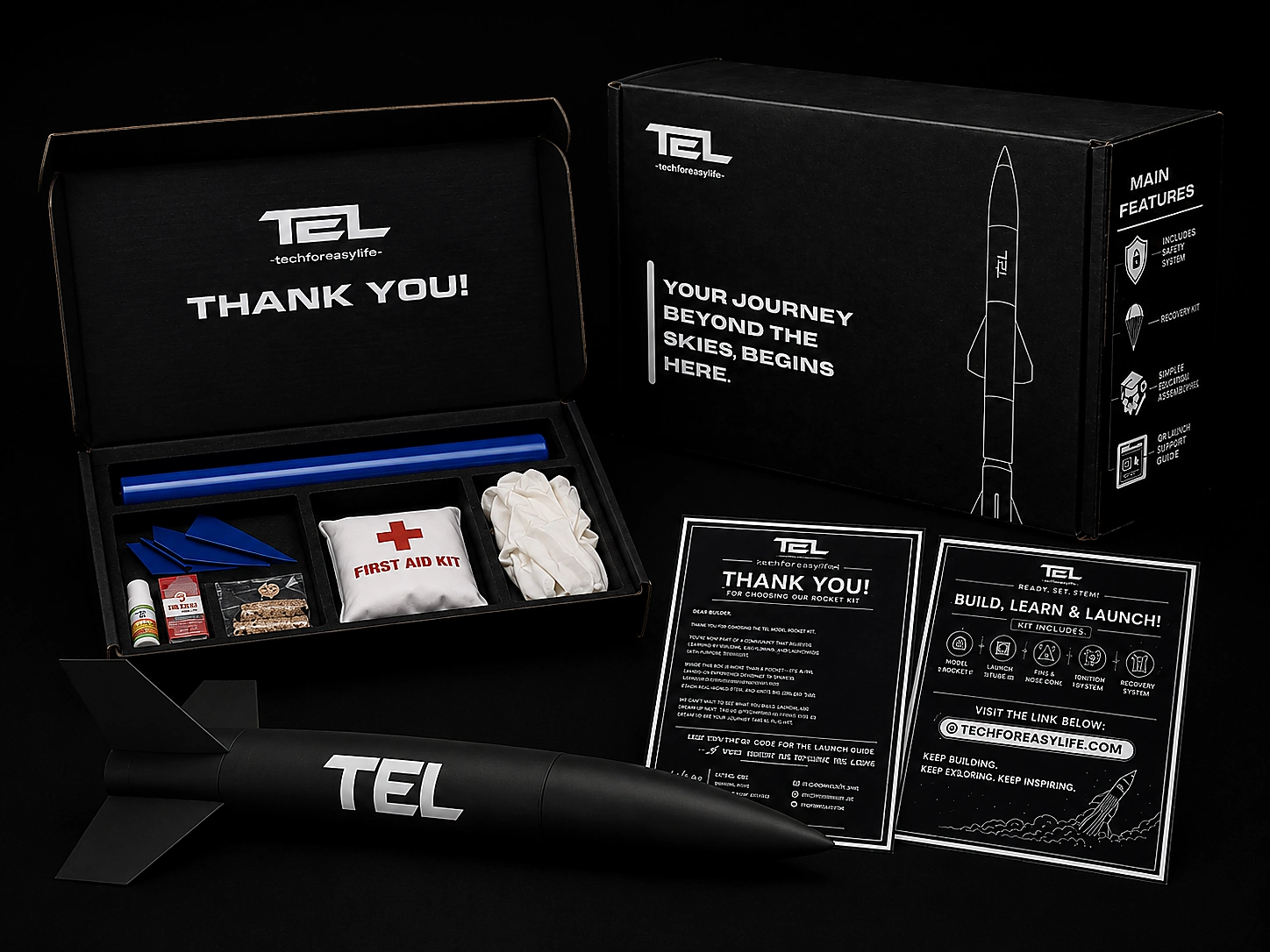 TEL Model Rocket Kit showcase with packaging, accessories and assembled model rocket