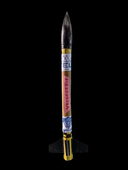 Real TEL rocket prototype photographed against black